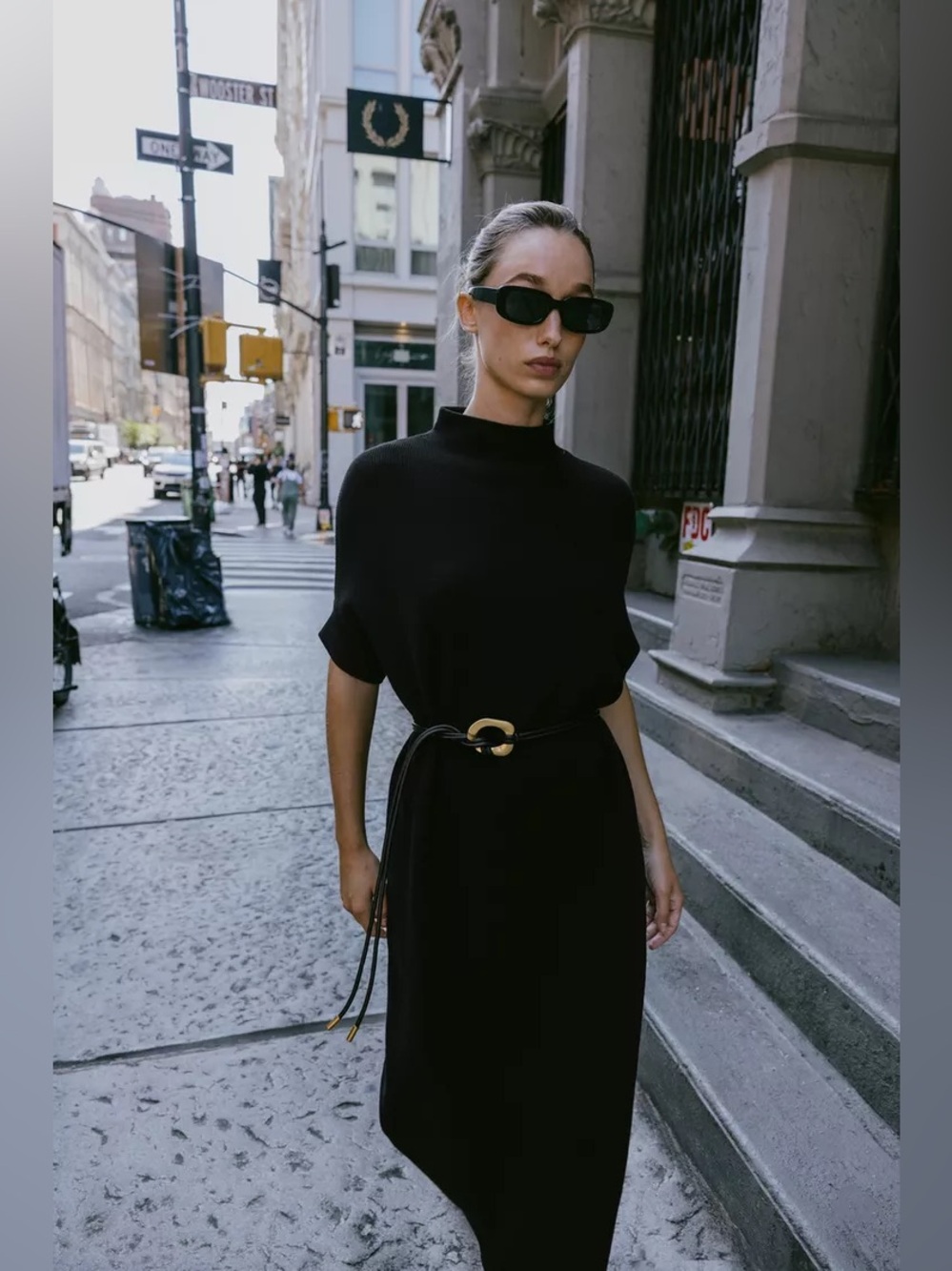 Zara- Knit Black Belted Knit Midi Dress - ,